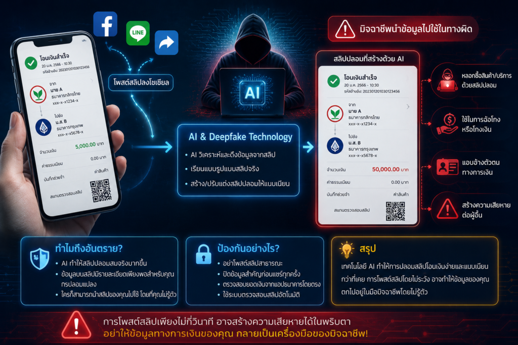 รู้ก่อนแชร์! โพสต์สลิปโอนเงิน อันตรายไหม ควรปิดตรงไหน? อัปเดต 2026